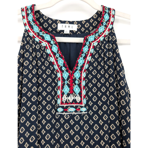 THML Womens Black Boho Cottage Batik Embroidered V Neck A Line Mini Dress Large - Picture 4 of 9